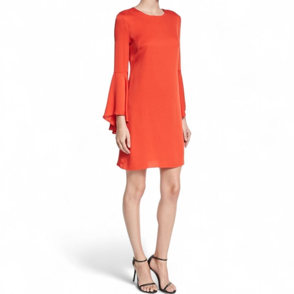 Milly Bell Sleeve Silk Blend Stretch Crepe Midi Shift‎ Dress Flame Orange Size 8